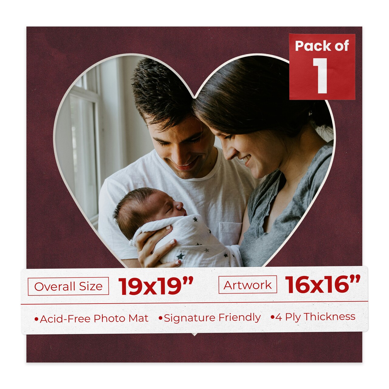 Dark Red Suede Mat Board for 19x19 Frames - Heart Opening for 16x16 Photos